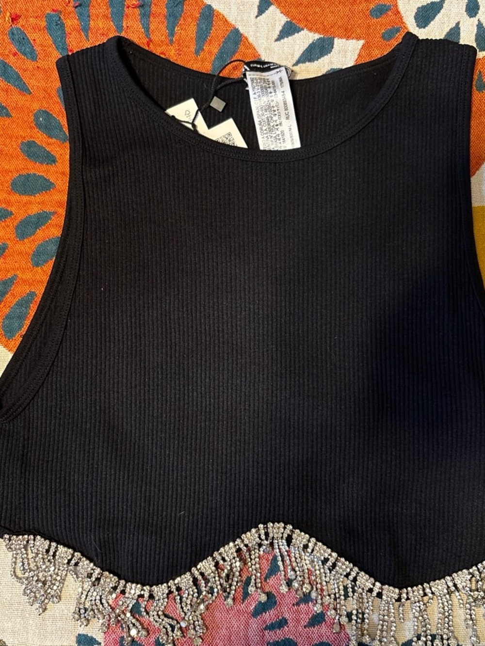 Zara Black Ribbed crop Top with rhinestone Fringe